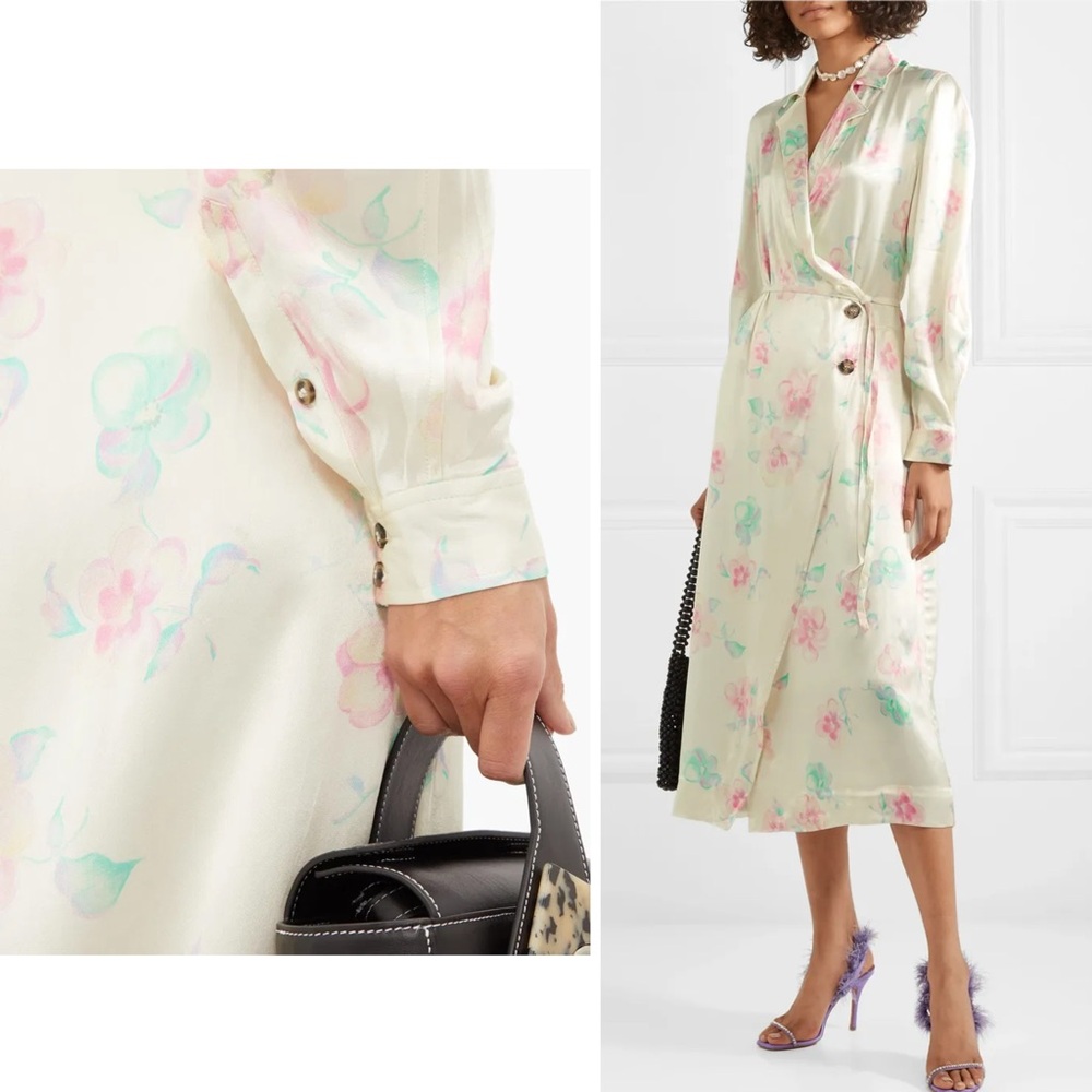 Ganni Floral-Print Satin Wrap Dress